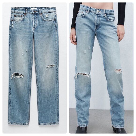 Zara RIPPED STRAIGHT JEANS - Picture 1 of 12